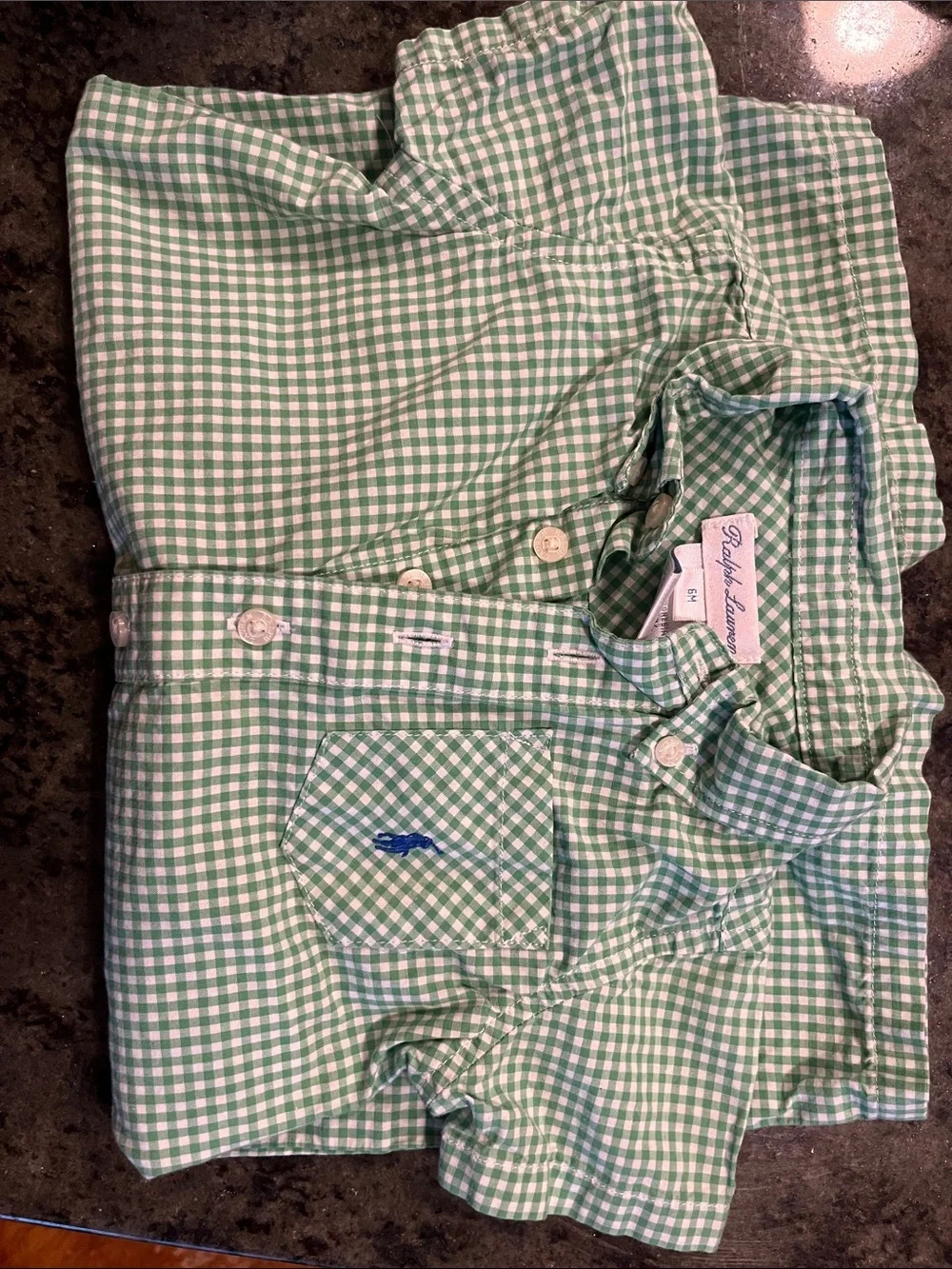 Ralph Lauren Light Green Gingham Baby Romper